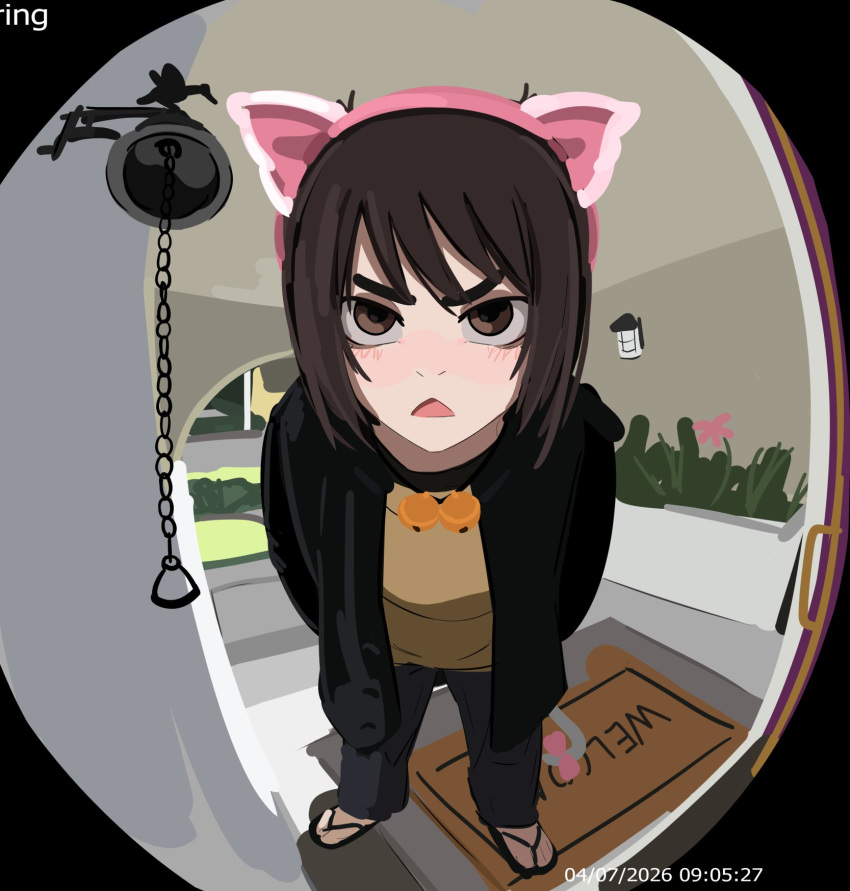 1girl, animal_ears, bell, black_coat, blush, bow, brown_hair, cat_tail
