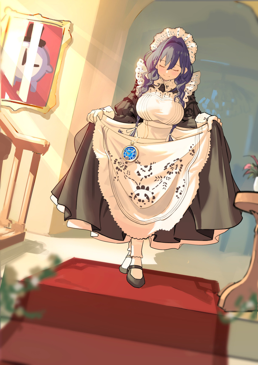 1girl, absurdres, apron, black_dress, black_shoes, blue_hair, braid, breasts
