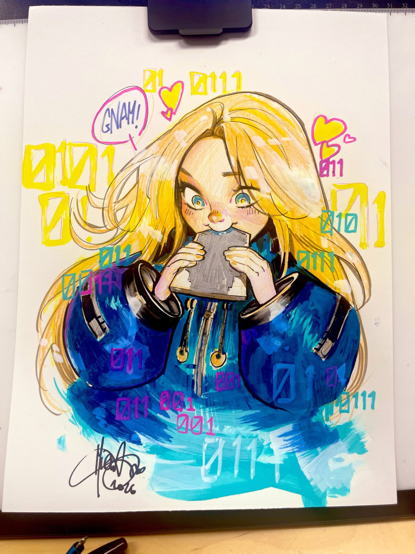 1girl, biting, blonde_hair, blue_eyes, blue_jacket, coat, commentary, diana_(pragmata)