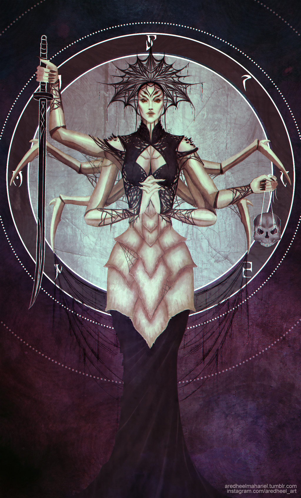 1girl, aredheelmahariel, arthropod_girl, arthropod_limbs, artist_name, black_background, black_dress, black_shirt, card_(medium), circle, commentary, crop_top, dress, english_commentary, exoskeleton, extra_arms, extra_eyes, facing_viewer, fingernails, gradient_background, highres, holding, holding_skull, holding_sword, holding_weapon, katana, long_fingernails, mephala, no_pupils, purple_background, red_eyes, shirt, silk, skull, spider_girl, spider_web, sword, tarot, tarot_(medium), the_ebony_blade_(katana), the_elder_scrolls, weapon, web_address, white_background