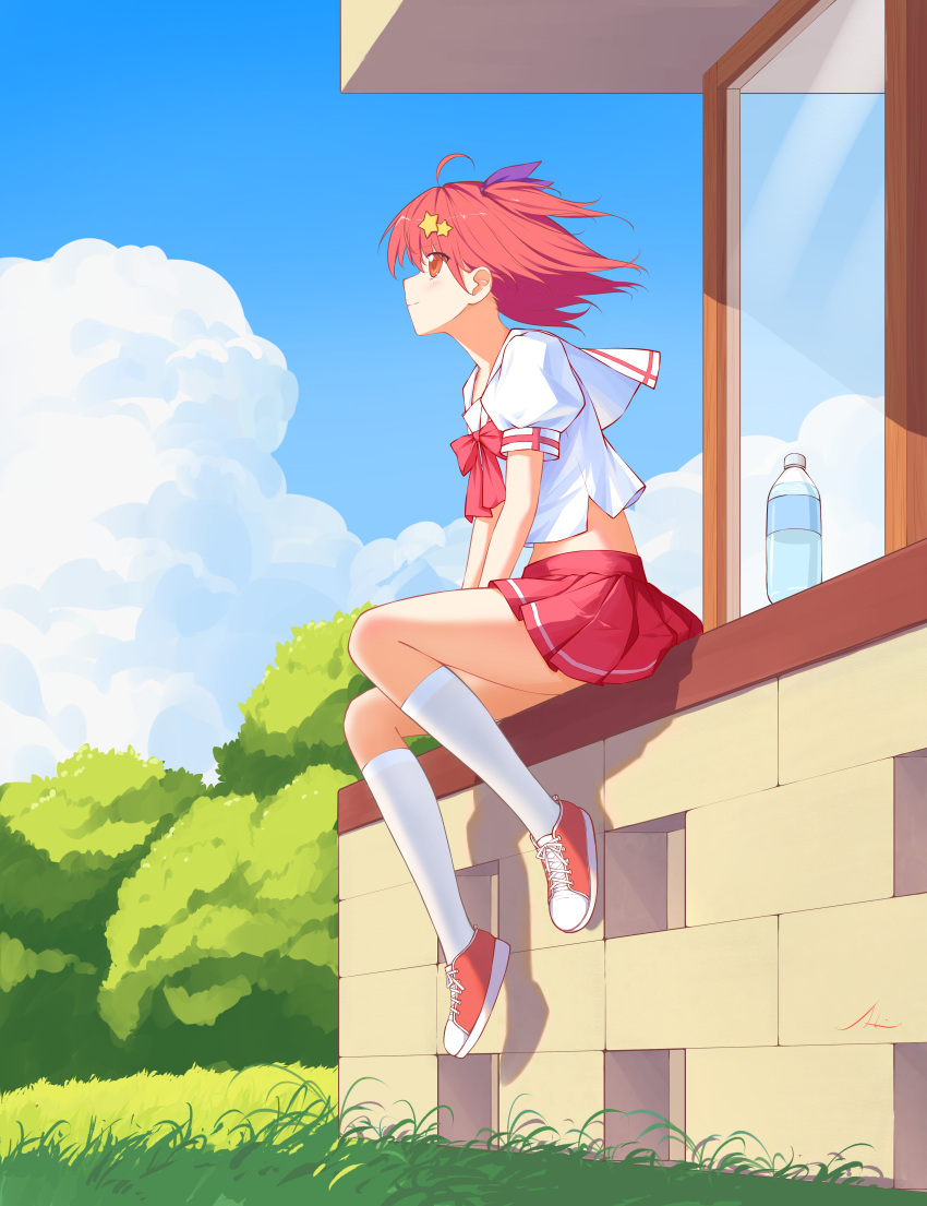 1060476357, 1girl, absurdres, ahoge, blue_sky, blush, bottle, bow, bowtie, closed_mouth, clouds, commentary_request, cross-laced_shoes, day, eyes_visible_through_hair, floating_hair, from_side, full_body, grass, hair_between_eyes, hair_ornament, hair_ribbon, highres, hoshizora_no_memoria, kneehighs, leaning_forward, medium_hair, midriff, minahoshi_asuho, miniskirt, one_side_up, orange_eyes, outdoors, pleated_skirt, profile, puffy_short_sleeves, puffy_sleeves, purple_ribbon, red_bow, red_bowtie, red_hair, red_shoes, red_skirt, ribbon, sailor_collar, sailor_shirt, school_uniform, serafuku, shadow, shirt, shoes, short_sleeves, signature, sitting, skirt, sky, smile, sneakers, socks, solo, split_mouth, star_(symbol), star_hair_ornament, thighs, water_bottle, white_sailor_collar, white_shirt, white_socks, wind