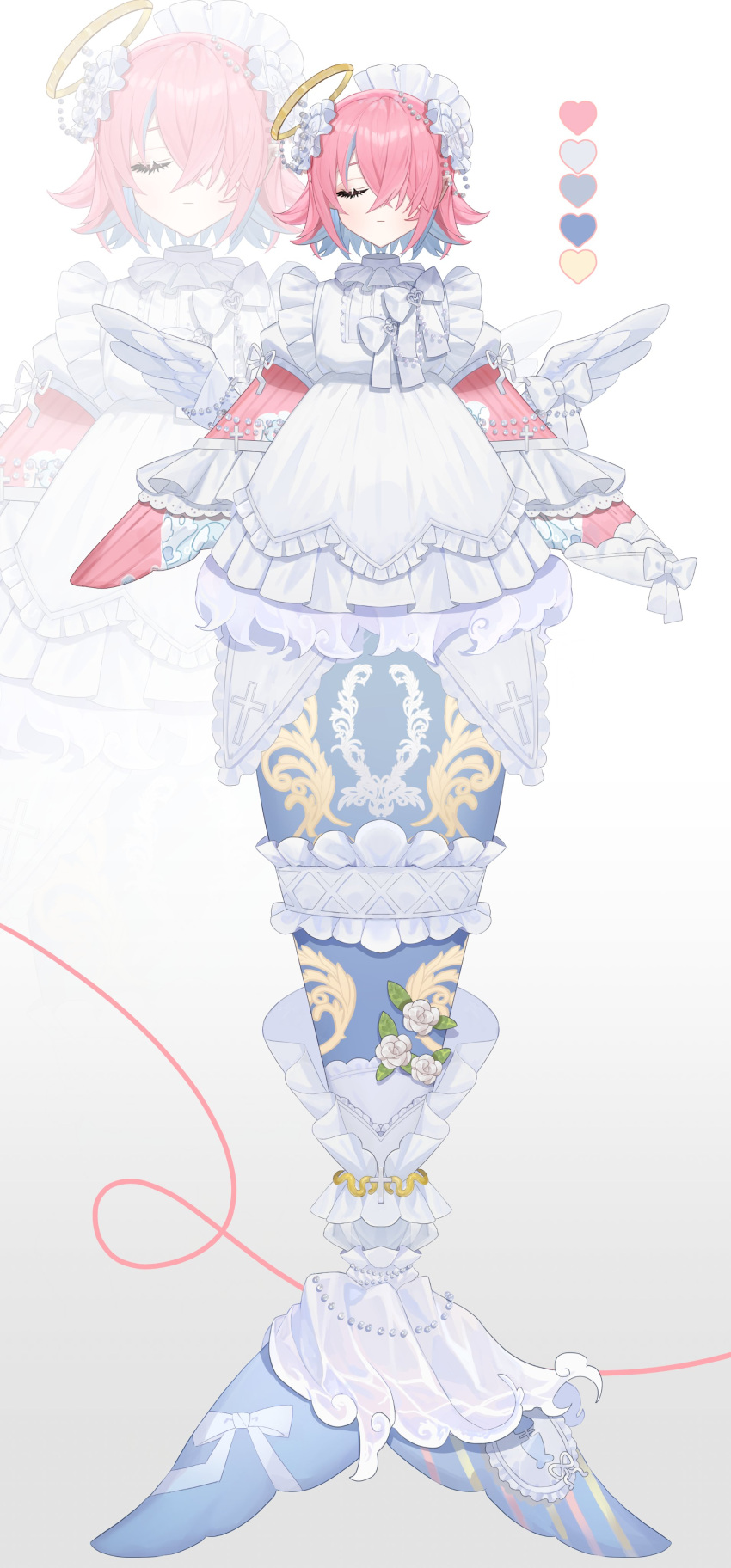 1girl, :|, absurdres, angel, angel_wings, beads, blue_hair, blue_tail