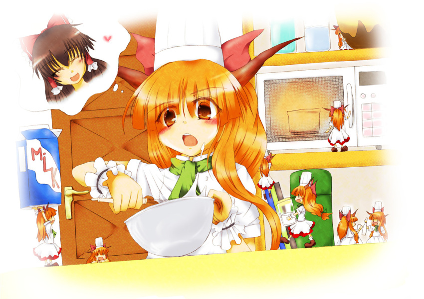 blonde_hair, clone, cooking, detached_sleeves, ging, ging_(tokushima), hair_bow, hakurei_reimu, hat, horns, ibuki_suika, long_hair, minigirl, orange_hair, short_hair, touhou