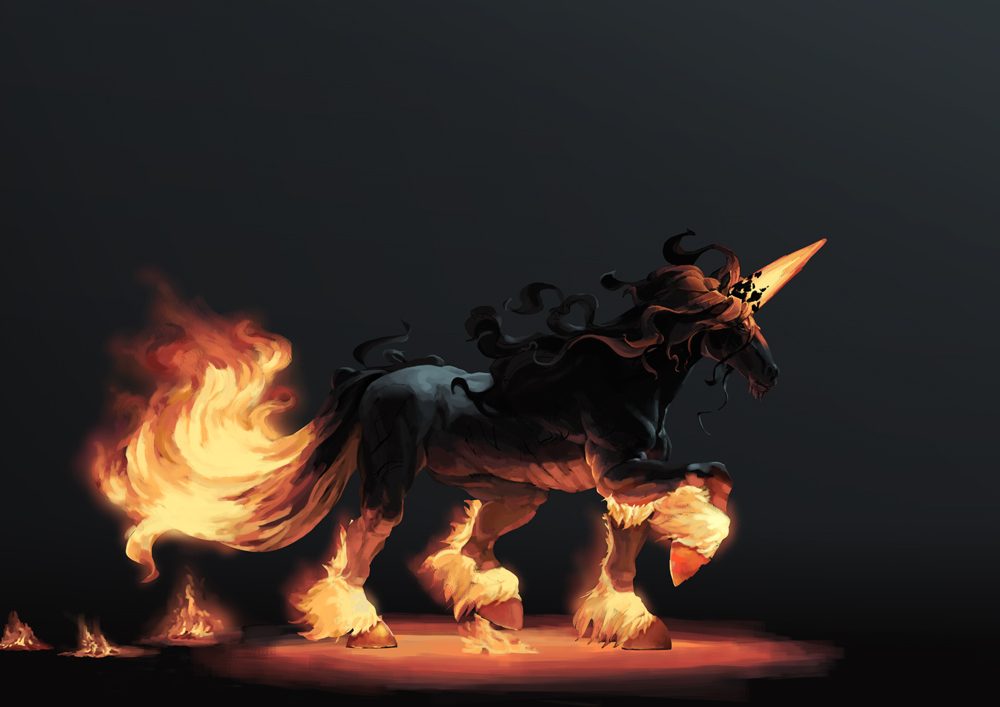dark, darkness, fire, horse, naknak, no_humans, unicorn