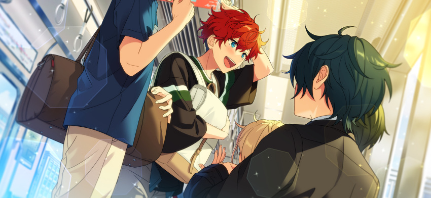 5boys, amagi_hiiro, arm_up, bag, black_bag, blonde_hair, blue_eyes, blue_shirt