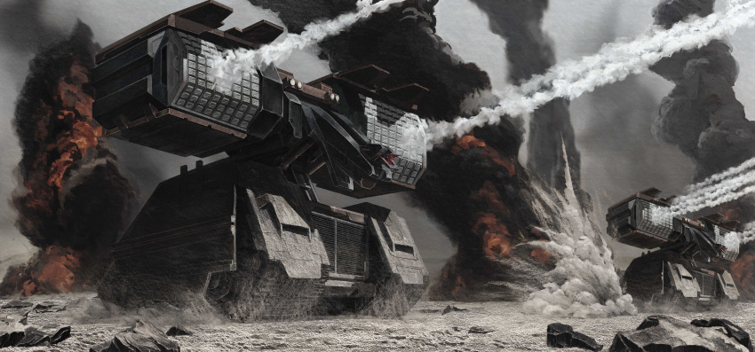 battle, caterpillar_tracks, desert, dust, explosion, fire, highres, mecha