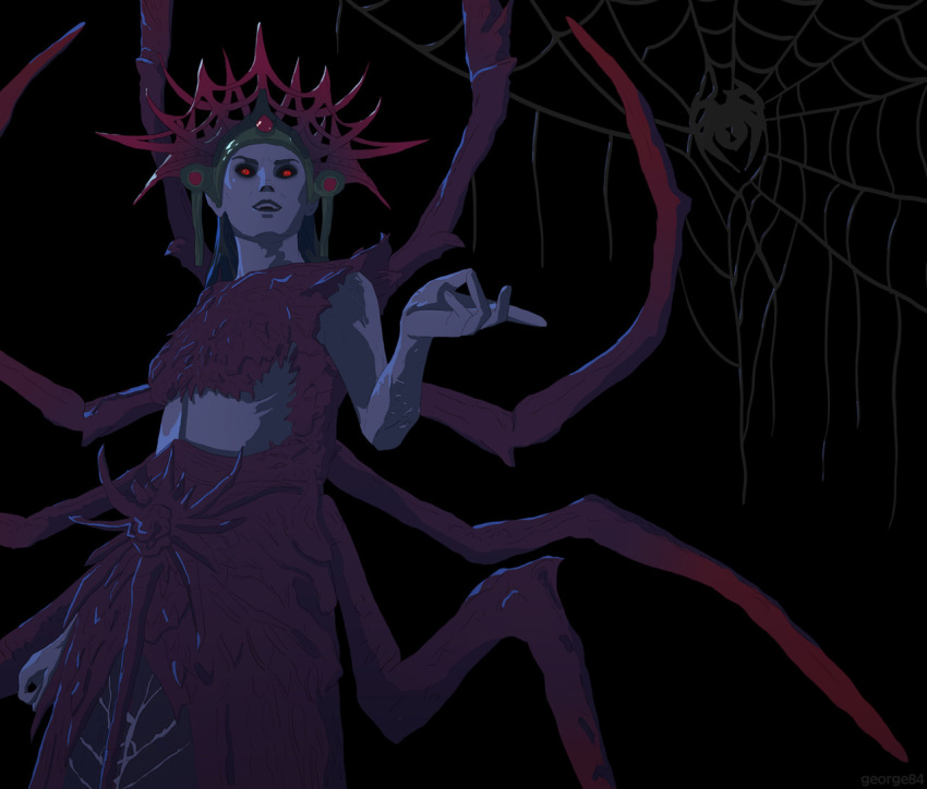 1girl, arthropod_girl, arthropod_limbs, black_background, black_dress, black_hair, black_sclera, colored_sclera