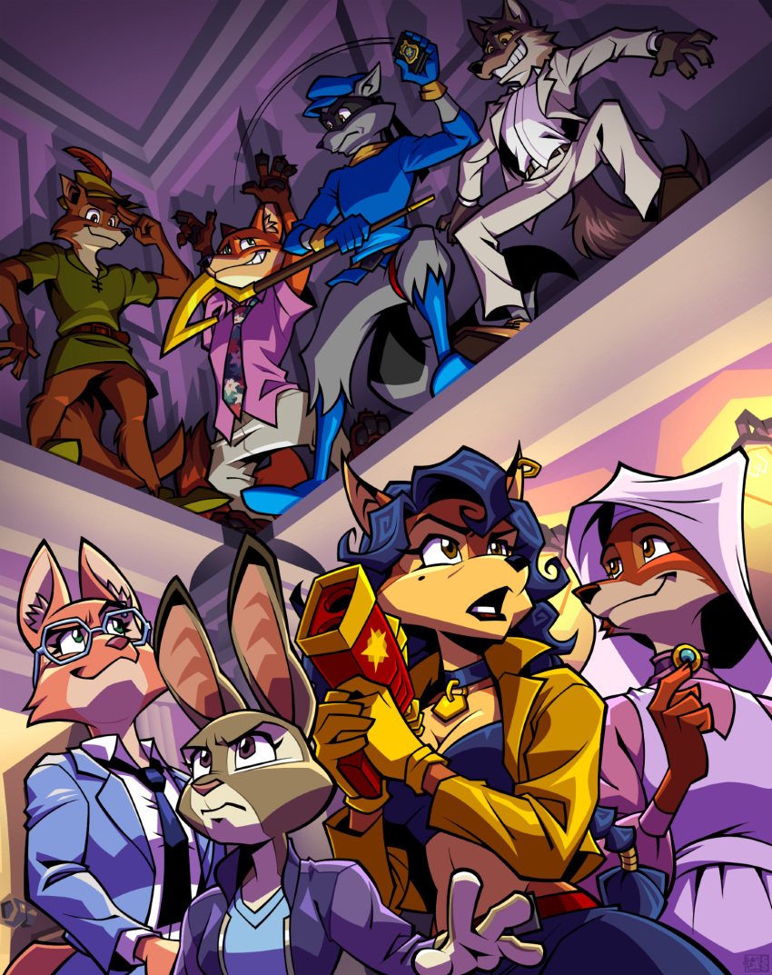 4boys, 4girls, animal_ears, arms_up, badge, blue_hair, blue_hat, blue_jacket