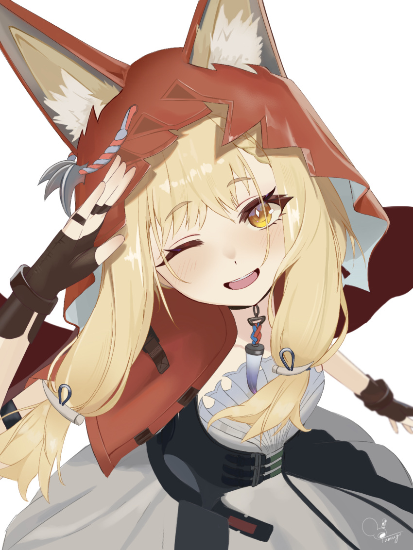 1girl, ;d, animal_ear_fluff, animal_ears, arknights, arknights:_endfield, black_gloves, blonde_hair