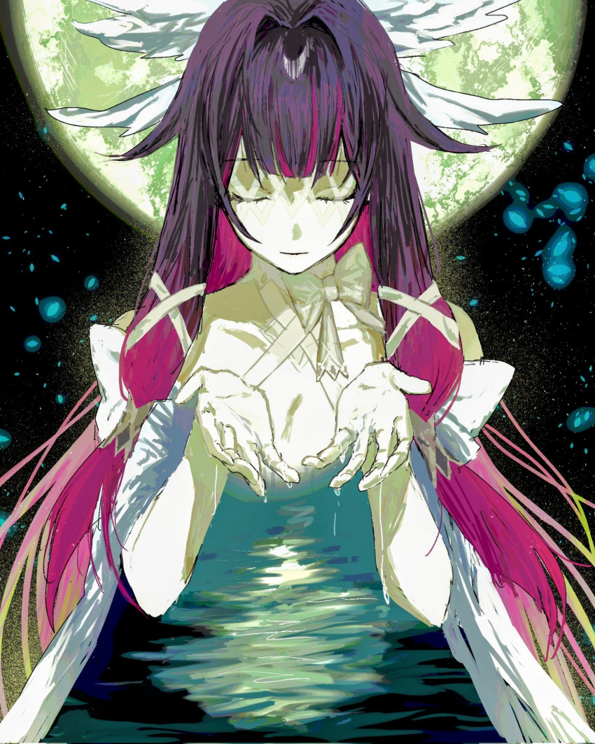1girl, bare_shoulders, black_hair, bow, closed_eyes, closed_mouth, columbina_(genshin_impact), commentary_request, eye_mask, facing_viewer, full_moon, genshin_impact, hair_intakes, hair_ribbon, hands_up, head_wings, highres, kisama_4535, long_hair, mask, moon, multicolored_hair, pink_hair, ribbon, solo, streaked_hair, upper_body, white_bow, white_ribbon, white_wings, wings