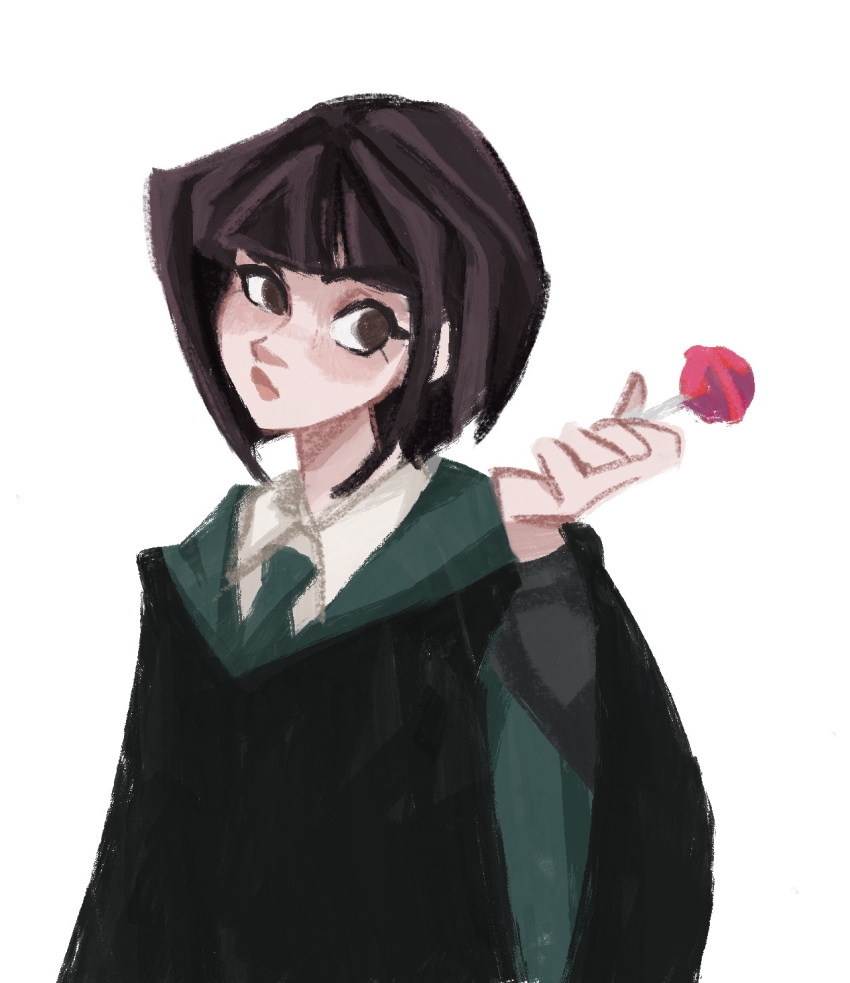 1girl, black_robe, blunt_bangs, bob_cut, brown_eyes, brown_hair, candy, collared_shirt, commentary, dress_shirt, english_commentary, eyelashes, food, green_necktie, green_robe, harry_potter_(series), highres, holding, holding_candy, holding_food, holding_lollipop, inverted_bob, lips, lollipop, long_sleeves, looking_to_the_side, necktie, pansy_parkinson, robe, shirt, short_hair, sideways_glance, simple_background, sketch, slytherin, solo, sot119, two-sided_fabric, upper_body, white_background, white_shirt, wide_sleeves, wizarding_world
