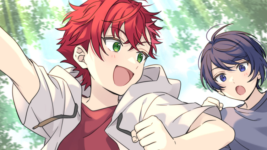 2boys, :o, aged_down, blue_eyes, blue_hair, child, clenched_hand, commentary_request