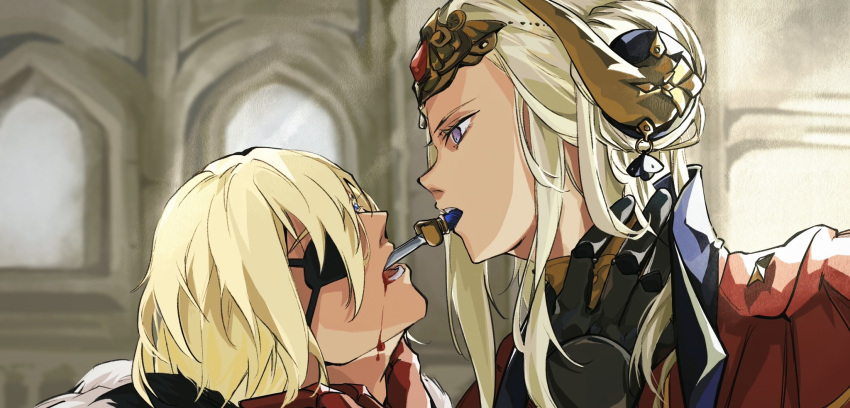 1boy, 1girl, blonde_hair, blood, blood_on_face, blue_cape, blue_eyes, blurry