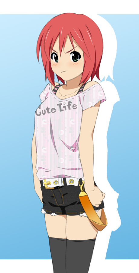 belt, casual, frown, fukuoka_katsumi, green_eyes, ichigo_(fukuoka_katsumi), original, red_hair