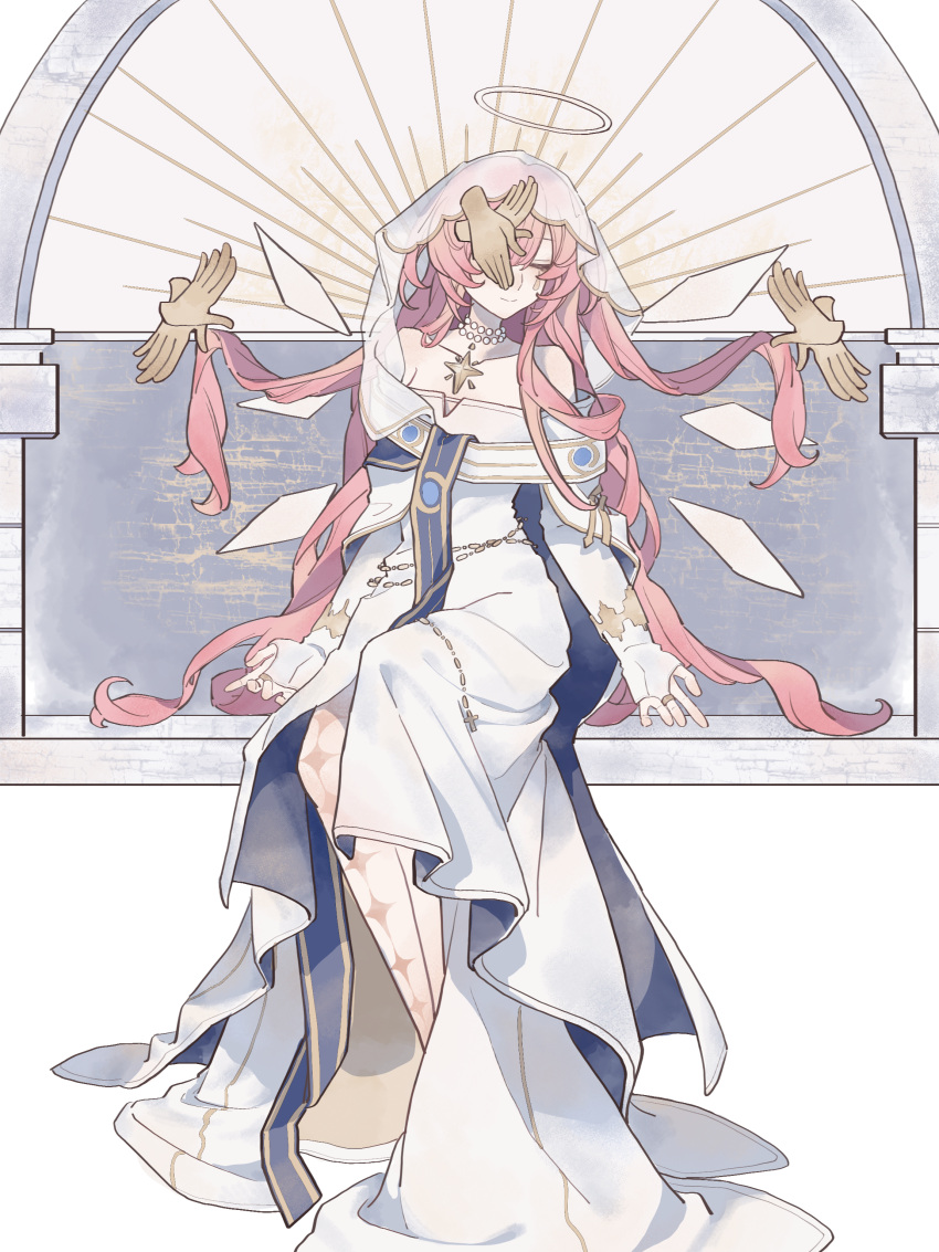 1girl, absurdres, ambience_synesthesia, arknights, bare_shoulders, bridal_gauntlets, chinese_commentary, closed_eyes, closed_mouth, commentary_request, detached_wings, disembodied_hand, dress, facial_mark, facing_viewer, full_body, hair_lift, haiyantuanzi, halo, highres, leg_tattoo, lemuen_(arknights), lemuen_(requiem_vesperis)_(arknights), long_dress, long_hair, mark_under_eye, official_alternate_costume, one_eye_covered, pearl_choker, pink_hair, see-through_clothes, see-through_veil, sitting, smile, solo, tattoo, teardrop_facial_mark, traditional_halo, veil, white_dress, white_halo, white_veil, wings