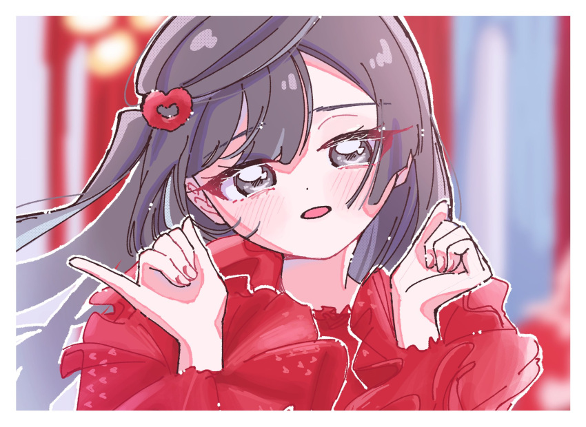 1girl, =love, black_hair, blurry, blurry_background, blush, commentary_request, double-parted_bangs