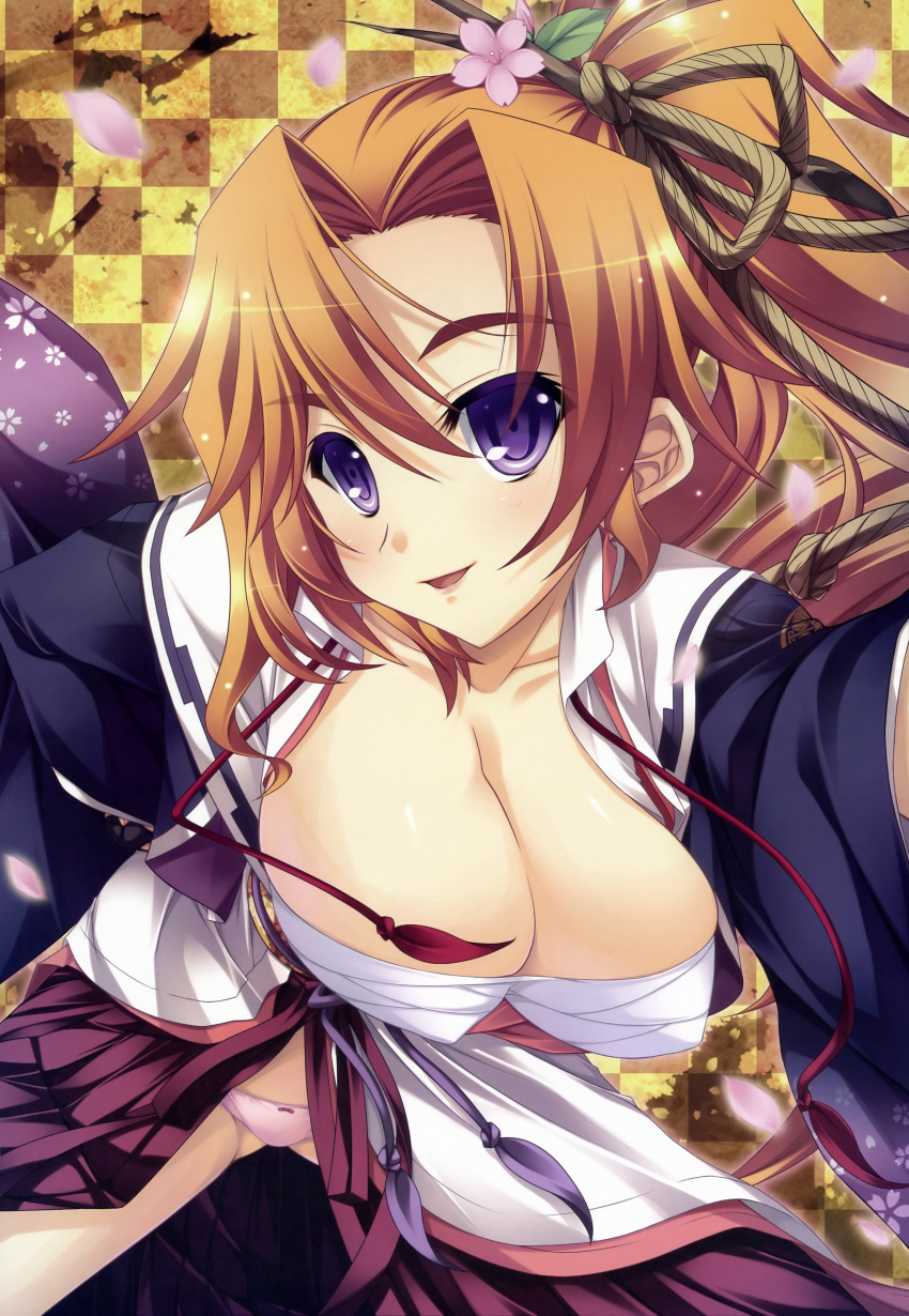 appare!_tenka_gomen, artist_request, blonde_hair, blue_eyes, breasts, character_request, cherry_blossoms, dengeki_hime, highres, large_breasts, panties, petals, pink_panties, solo, tooyama_akane, underwear, yatsuha_kanan