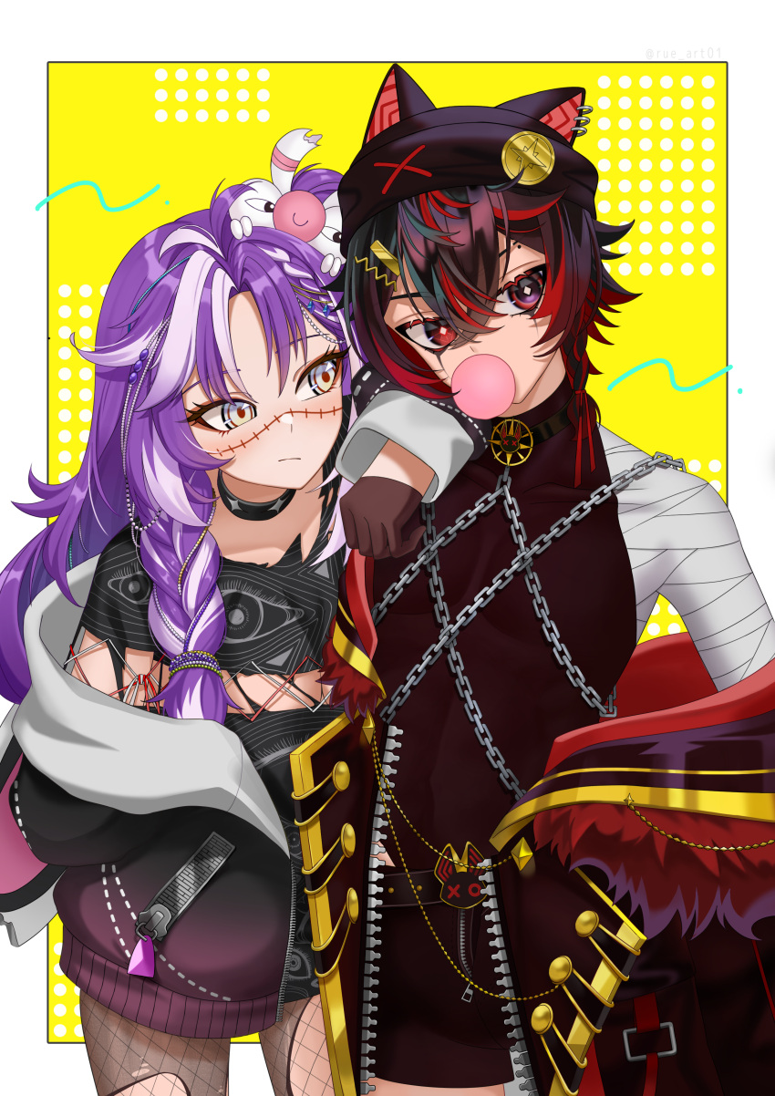 1boy, 1girl, 724_du, absurdres, animal_ears, arm_on_another's_shoulder, black_choker, black_dress