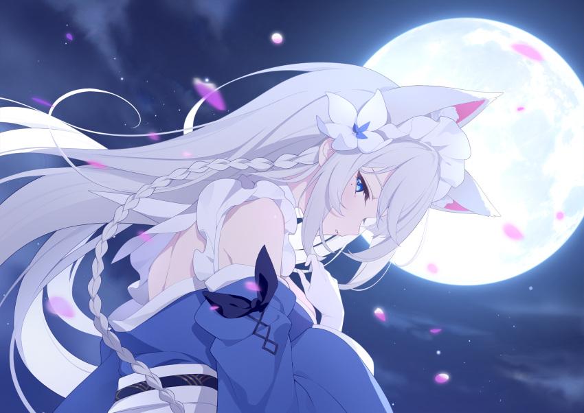 1girl, animal_ears, blue_eyes, blue_kimono, flower, fox_ears, fox_girl, full_moon, gloves, grey_hair, hair_flower, hair_ornament, highres, japanese_clothes, kimono, long_hair, looking_at_viewer, maid_headdress, mole, mole_under_eye, moon, official_art, otoha_(stella_sora), solo, stella_sora, third-party_source, white_gloves