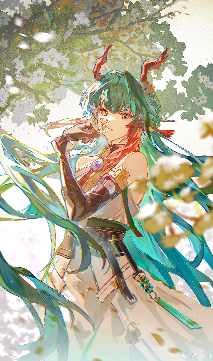1girl, absurdres, arknights, arknights:_endfield, bare_shoulders, black_gloves, colored_inner_hair, cowboy_shot