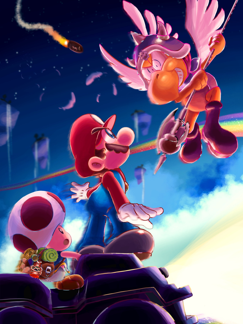3boys, bullet_bill, highres, holding, maribou_(supermaribou), mario, multiple_boys, rainbow_road