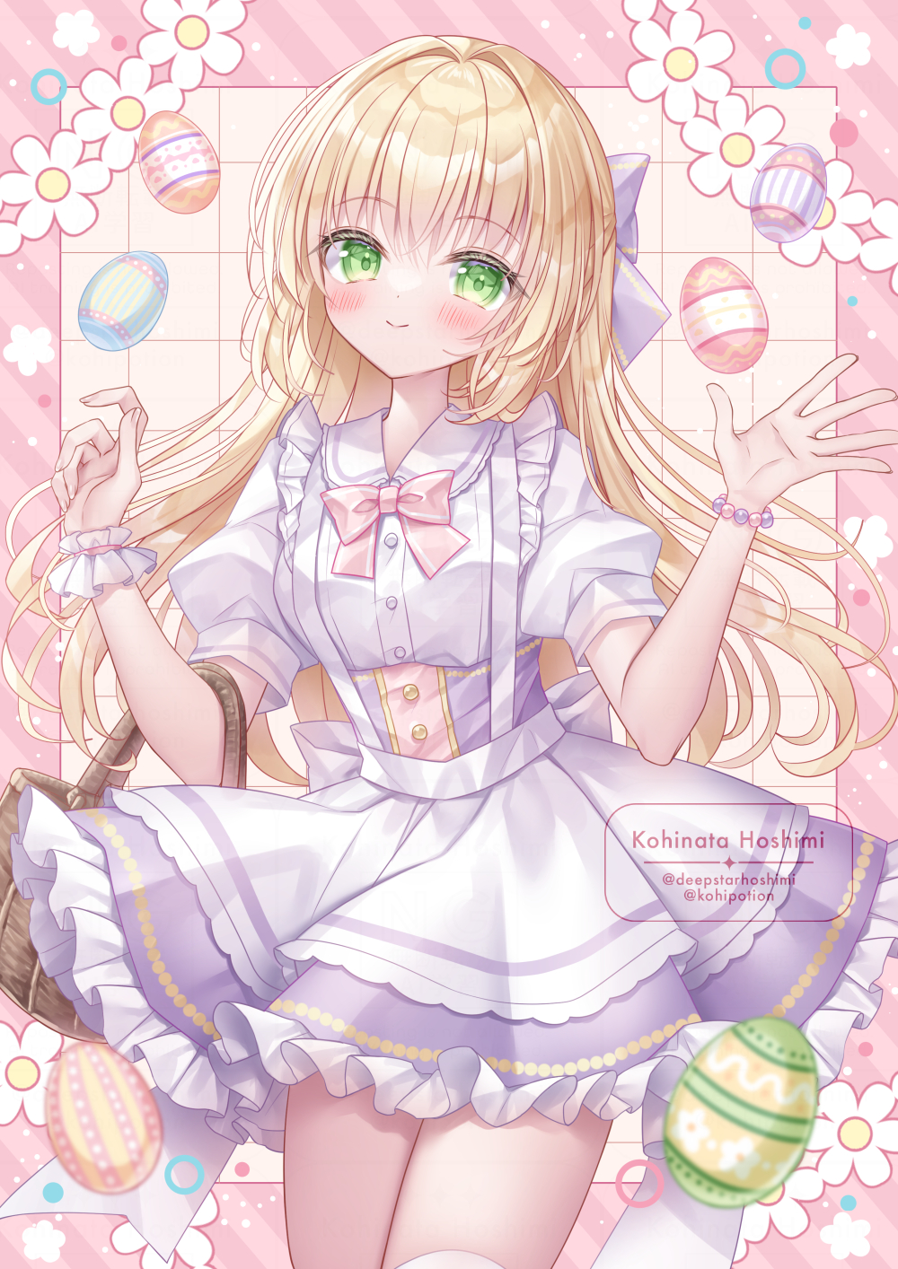 1girl, apron, basket, blonde_hair, blurry, blurry_foreground, blush, bow, breasts, brown_background, closed_mouth, collared_shirt, commentary_request, commission, depth_of_field, diagonal-striped_border, dress_shirt, easter, easter_egg, egg, frilled_skirt, frills, green_eyes, grid_background, hair_bow, hands_up, high-waist_skirt, highres, kohinata_hoshimi, long_hair, original, pink_bow, puffy_short_sleeves, puffy_sleeves, purple_bow, purple_skirt, shirt, short_sleeves, skeb_commission, skirt, small_breasts, smile, solo, very_long_hair, white_apron, white_shirt, wrist_cuffs