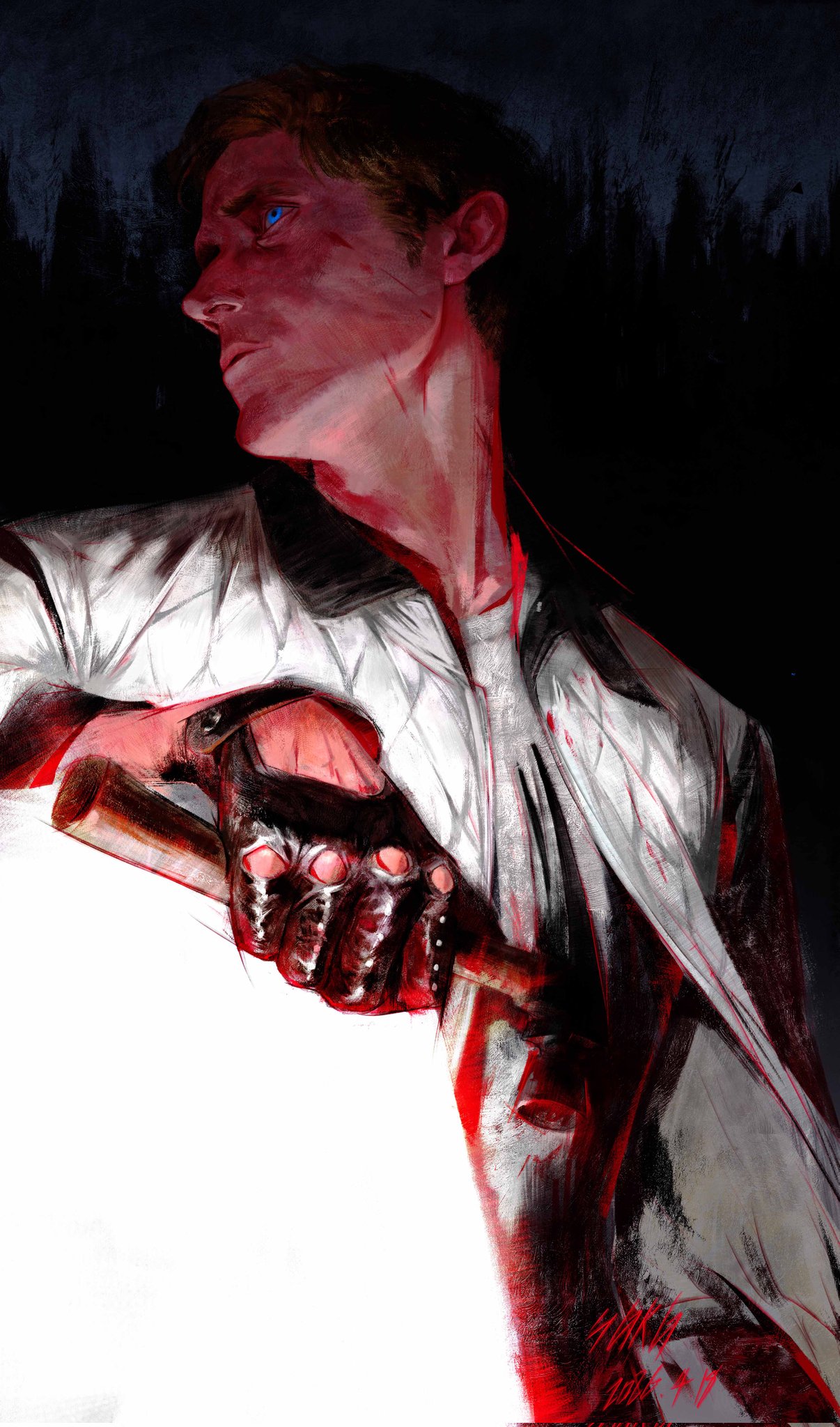 1boy, arm_rest, black_gloves, blonde_hair, blood, blue_eyes, bomber_jacket, clothing_cutout