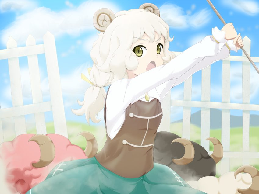 1girl, absurdres, black_sheep, electricity, fantasy_maiden_wars, gensou_shoujo_taisen, highres, meeko_(gensou_shoujo_taisen), meeko_(touhou), sheep, sheep_ears, sheep_girl, sheep_horns, touhou