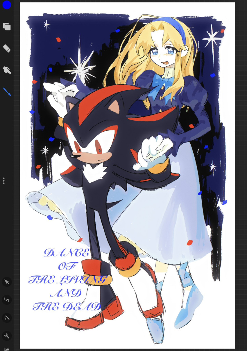 allois, art_program_in_frame, blonde_hair, blue_bow, blue_bowtie, blue_eyes, blue_hairband, blue_jacket