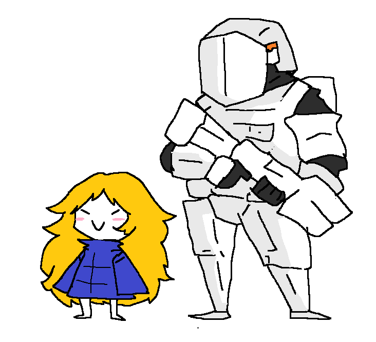 1boy, 1girl, blush, chibi, chibi_only, diana_(pragmata), full_body, hugh_(pragmata), invisible_floor, pragmata, simple_background, slanted_eyes, standing, toka=paint, white_background