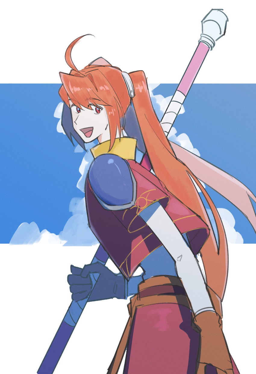 1girl, ahoge, armor, blue_background, border, brown_gloves, commentary_request, cowboy_shot