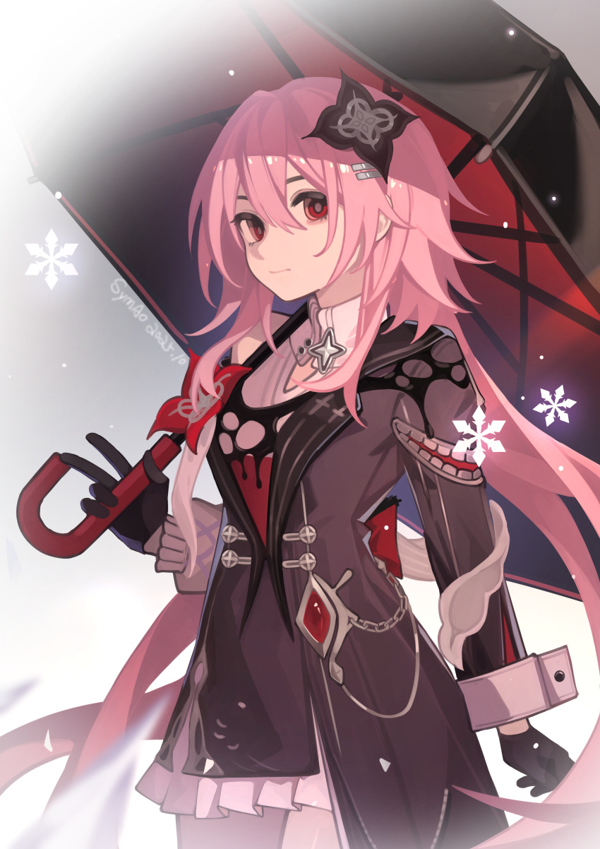 absurdres, black_dress, black_gloves, closed_mouth, commentary_request, dress, evernight_(honkai:_star_rail), gloves, highres, holding, holding_umbrella, honkai:_star_rail, honkai_(series), long_hair, looking_at_viewer, march_7th_(honkai:_star_rail), pink_hair, red_eyes, standing, symao, umbrella