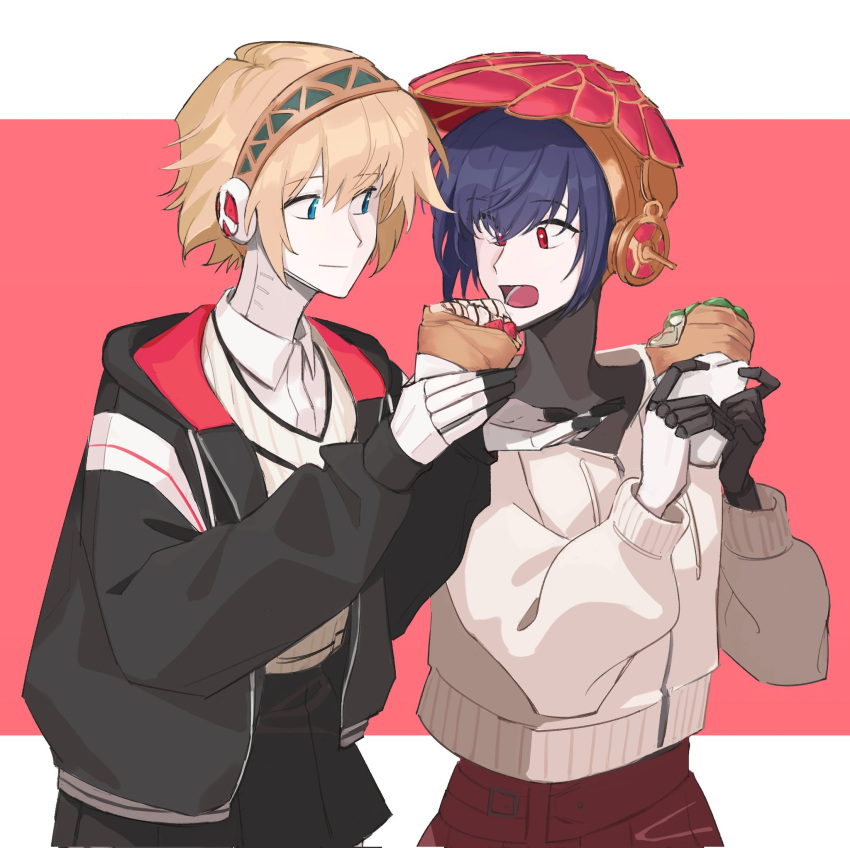 2girls, aigis_(persona), android, black_jacket, black_skirt, blonde_hair, blue_eyes, blue_hair