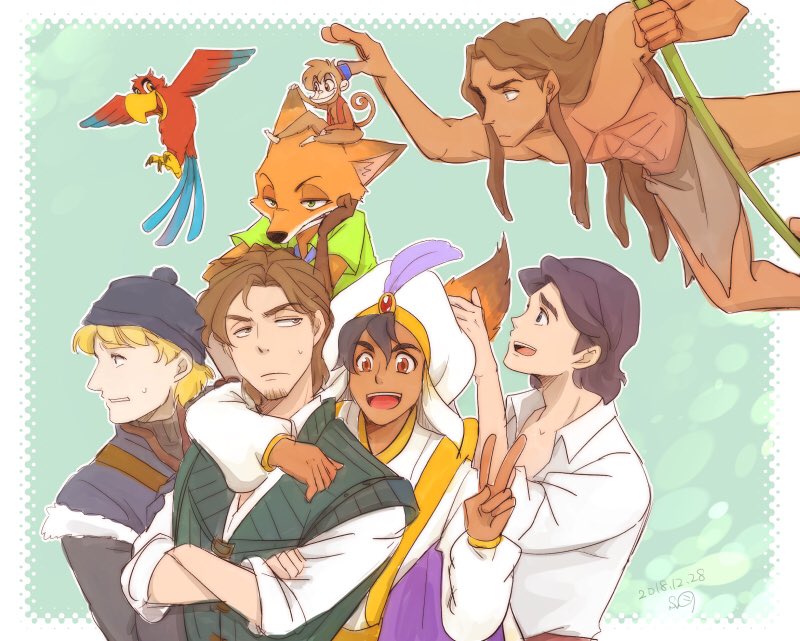 6+boys, abu_(aladdin), animal, animal_ears, animification, arabian_clothes, arm_around_shoulder, artist_name