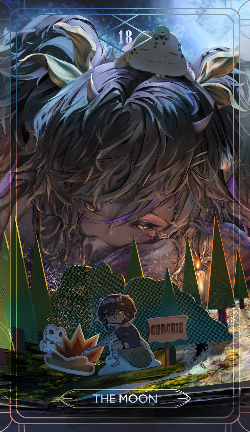 absurdres, ahoge, arms_on_table, black_hair, blue_hair, campfire, candle, chrchie