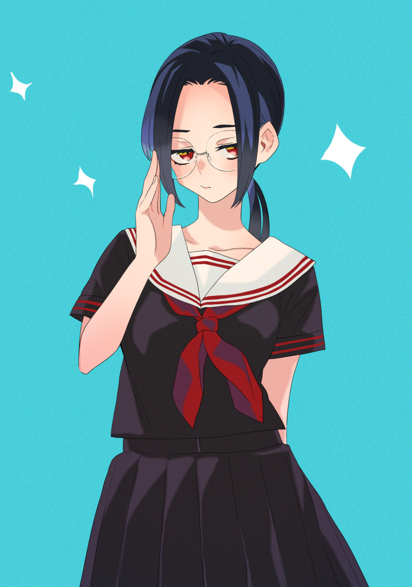1girl, absurdres, adjusting_eyewear, black_serafuku, black_shirt, black_skirt, blue_background, collarbone