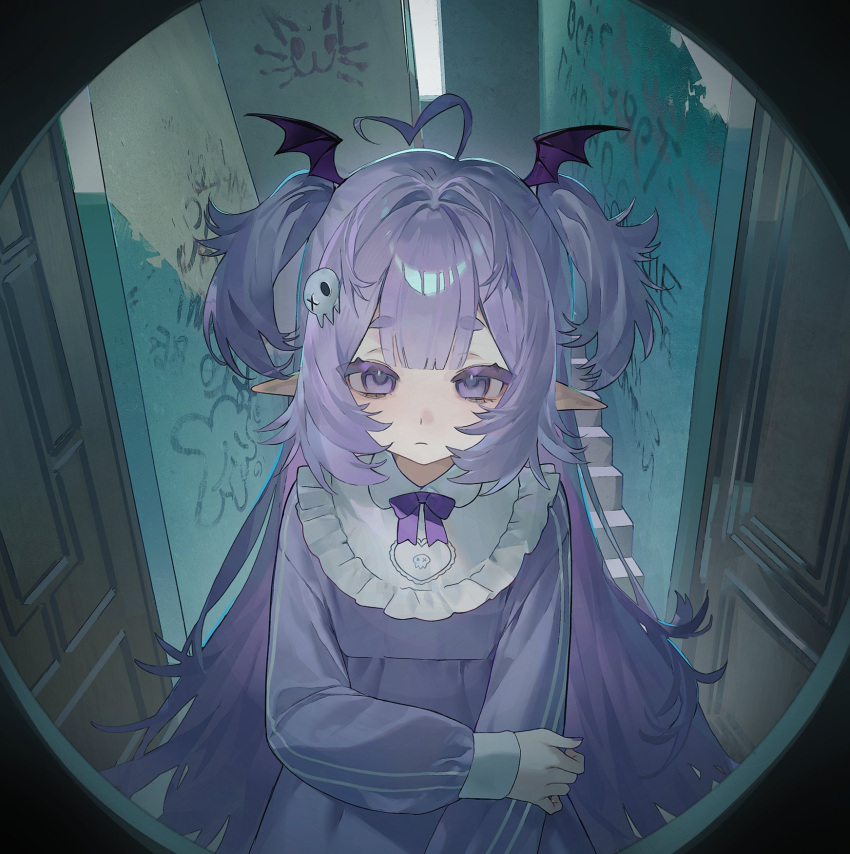 1girl, ahoge, closed_mouth, demon_wings, dress, frilled_dress_collar, hair_ornament, head_wings