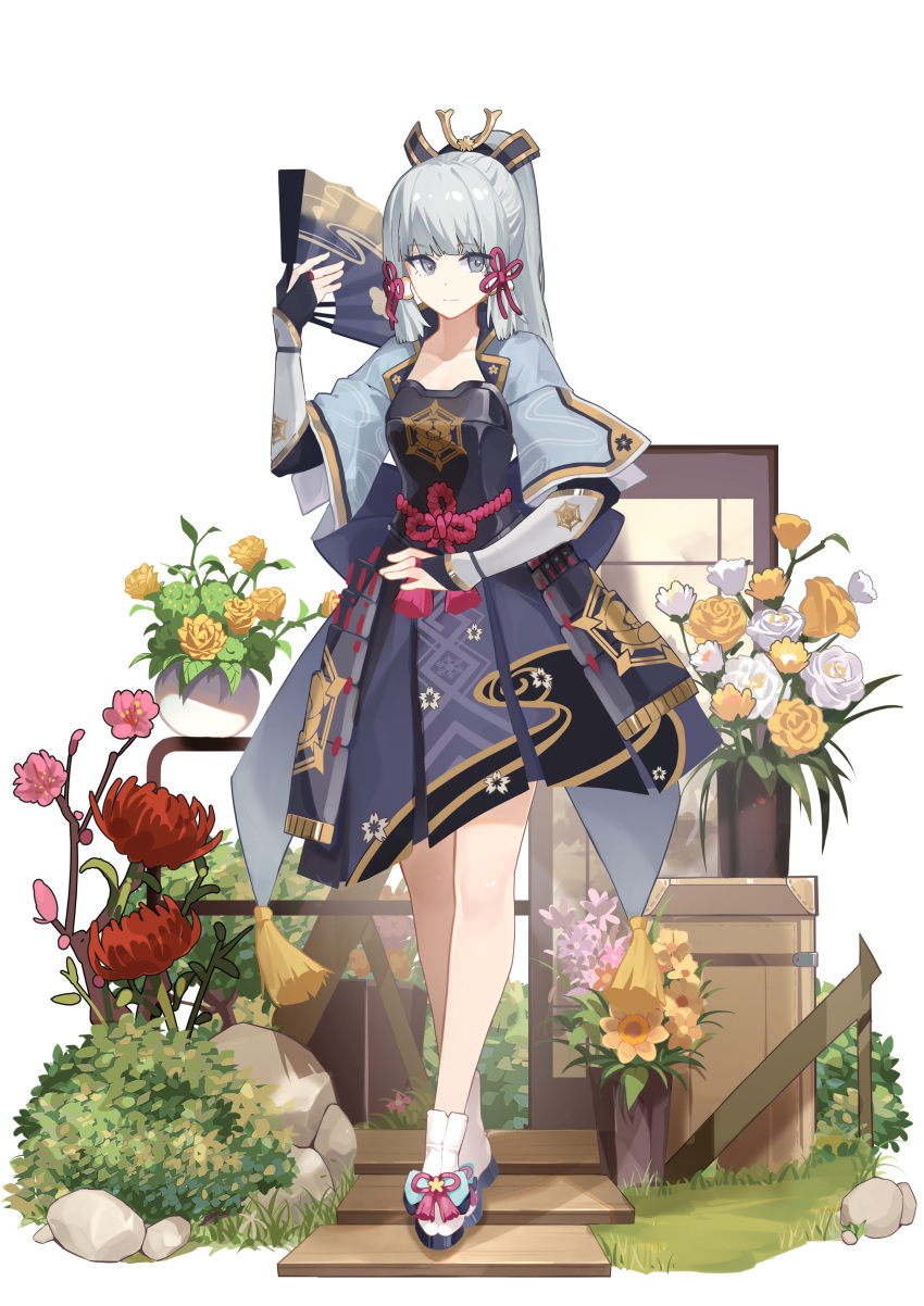 absurdres, armor, black_gloves, blue_dress, blue_jacket, commentary_request, dress, flower