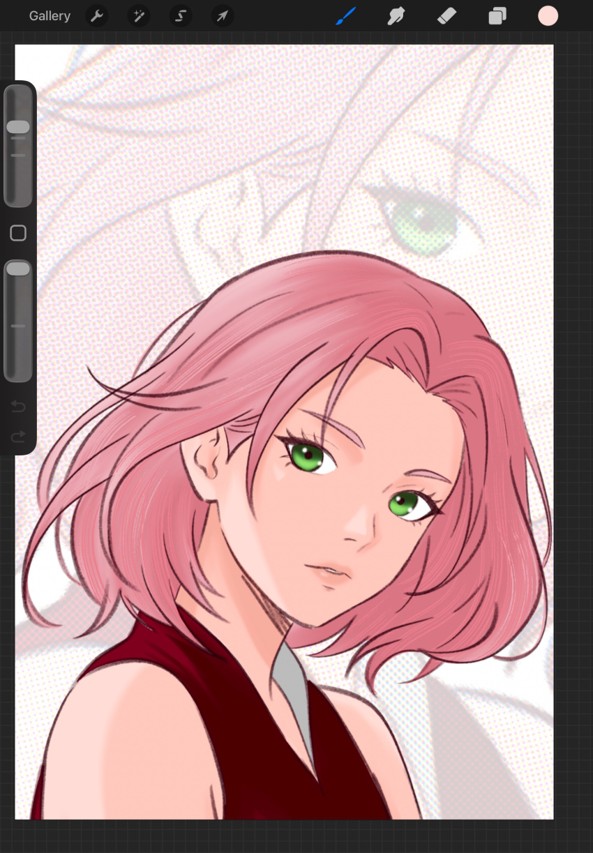 1girl, art_program_in_frame, chococurrent, colored_eyebrows, commentary, eyelashes, green_eyes, haruno_sakura