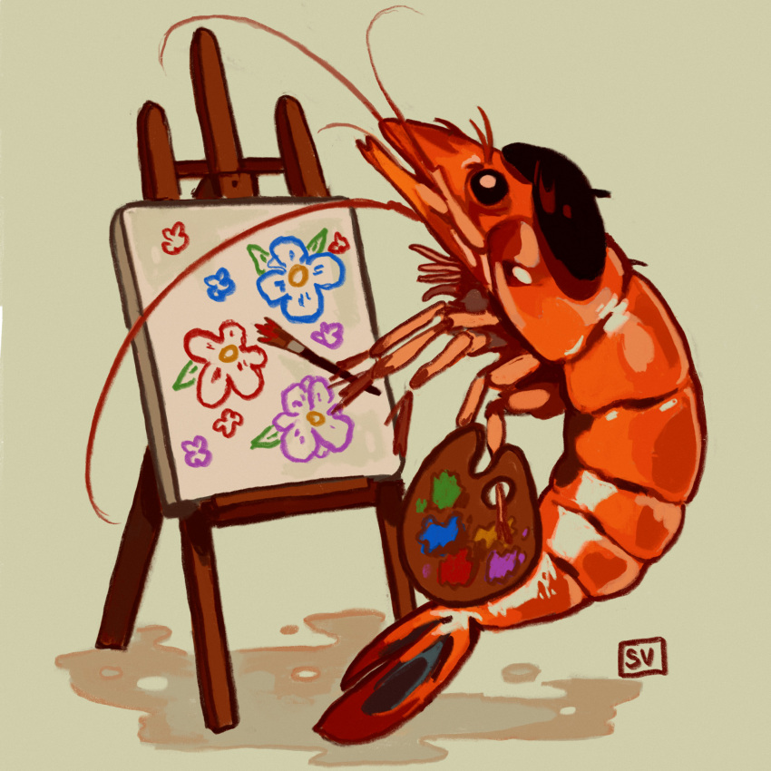 animal, animal_focus, artist_painter, beret, canvas_(object), clothed_animal, commentary, crustacean
