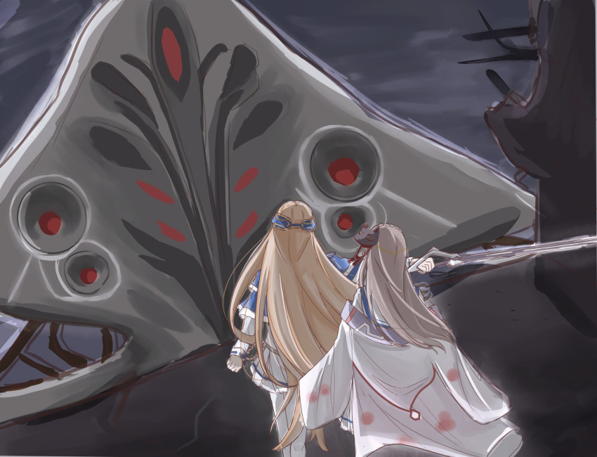 1other, 2girls, blonde_hair, brown_hair, cancer_(heaven_burns_red), flat_hand_(heaven_burns_red), fox_mask, from_behind, hair_ornament, heaven_burns_red, highres, holding, holding_sword, holding_weapon, japanese_clothes, kimono, kiryuu_miya, long_hair, mask, multiple_girls, protecting, ruins, shenyan256, shirakawa_yuina, sword, weapon