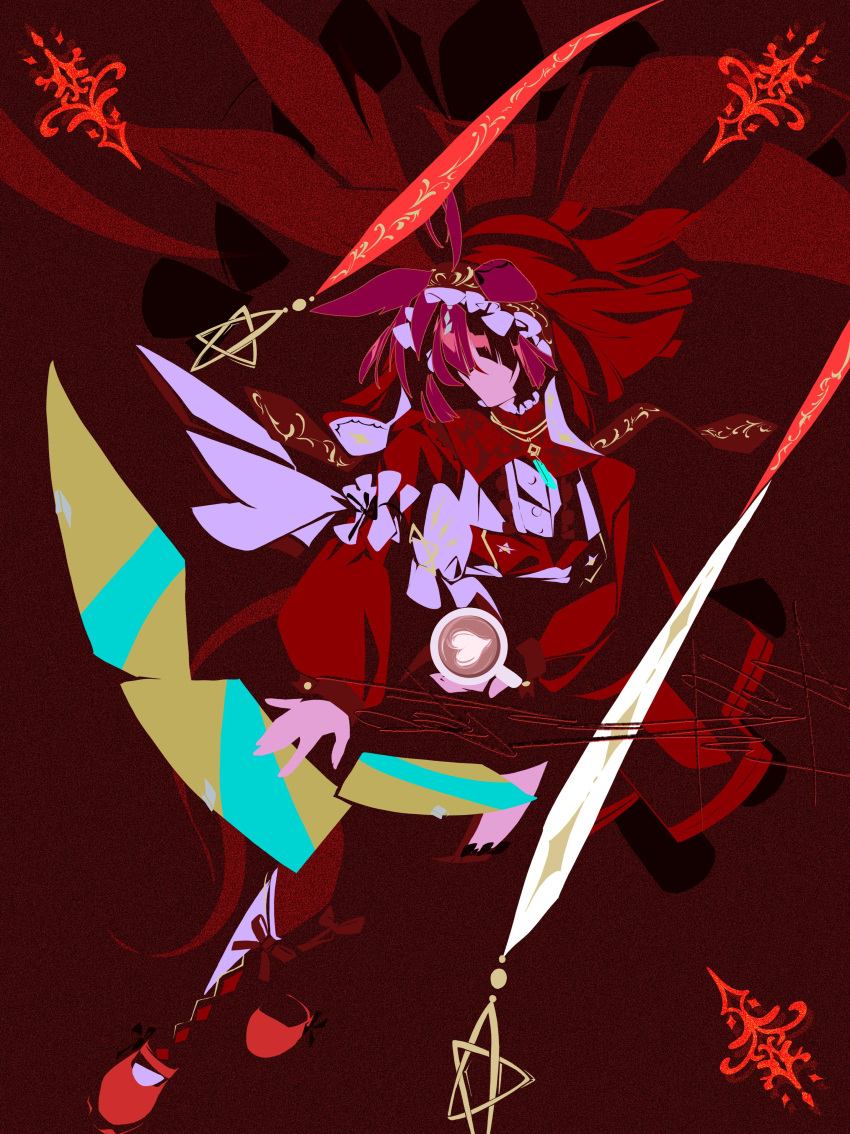 1girl, absurdres, commentary_request, echoo, floating_hair, from_above, hair_ornament, highres, horse_girl, long_hair, looking_to_the_side, magician, paper, red_background, red_desire_(racing)_(umamusume), red_desire_(umamusume), red_hair, red_ribbon, red_veil, ribbon, simple_background, spell, star_(symbol), umamusume, veil