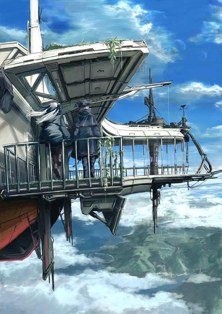 2girls, above_clouds, aircraft, airship, black_coat, black_hat, boots, brown_shoes