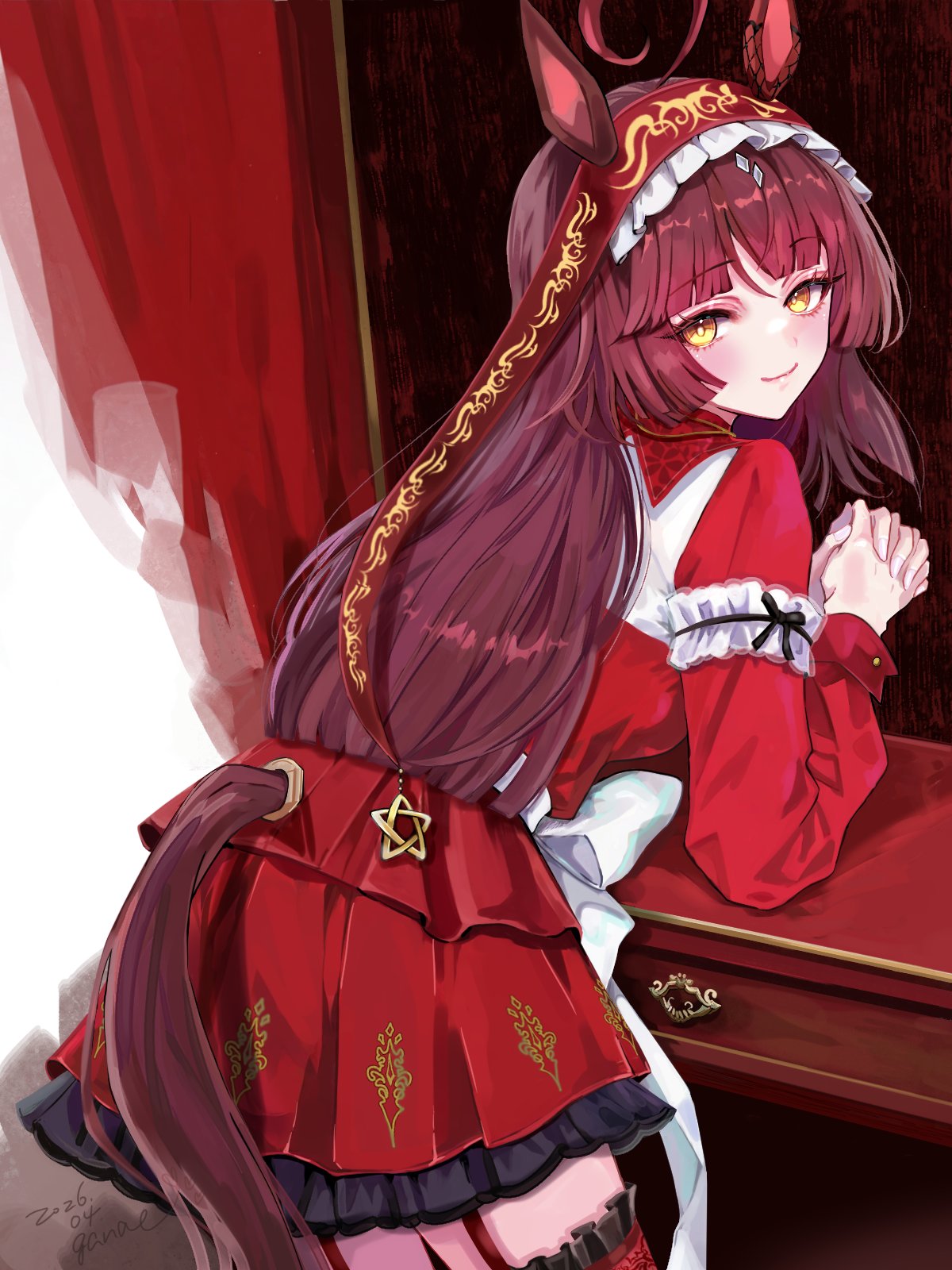 1girl, ahoge, animal_ears, blush, closed_mouth, commentary_request, dress, ears_through_headwear, from_behind, hairband, happy_birthday, highres, horse_ears, horse_girl, horse_tail, long_hair, long_sleeves, looking_at_viewer, looking_back, multicolored_hair, naenaejkr, own_hands_together, red_desire_(racing)_(umamusume), red_desire_(umamusume), red_dress, red_hair, red_hairband, red_tail, smile, solo, streaked_hair, tail, tail_through_clothes, umamusume, yellow_eyes
