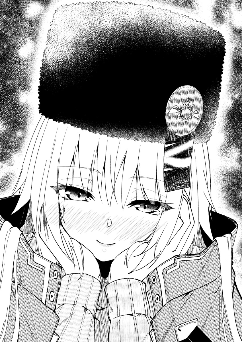 1girl, absurdres, blush, charlotta_skopovskaya, closed_mouth, commentary_request, grey_hair, hands_on_own_face, hat, heaven_burns_red, highres, long_hair, metako_(slime_shop), monochrome, smile, ushanka