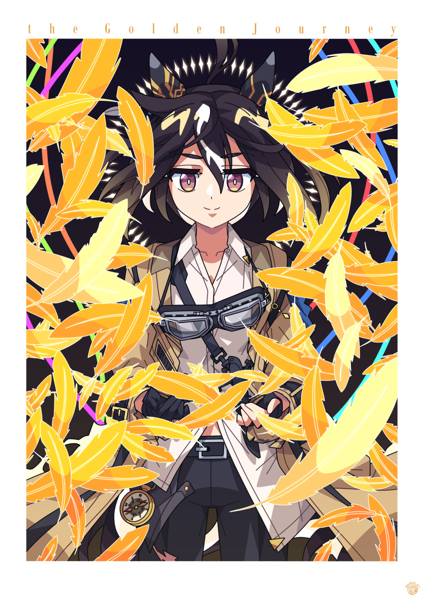 1girl, absurdres, animal_ears, asymmetrical_gloves, asymmetrical_shirt, black_gloves, black_hair, brown_eyes