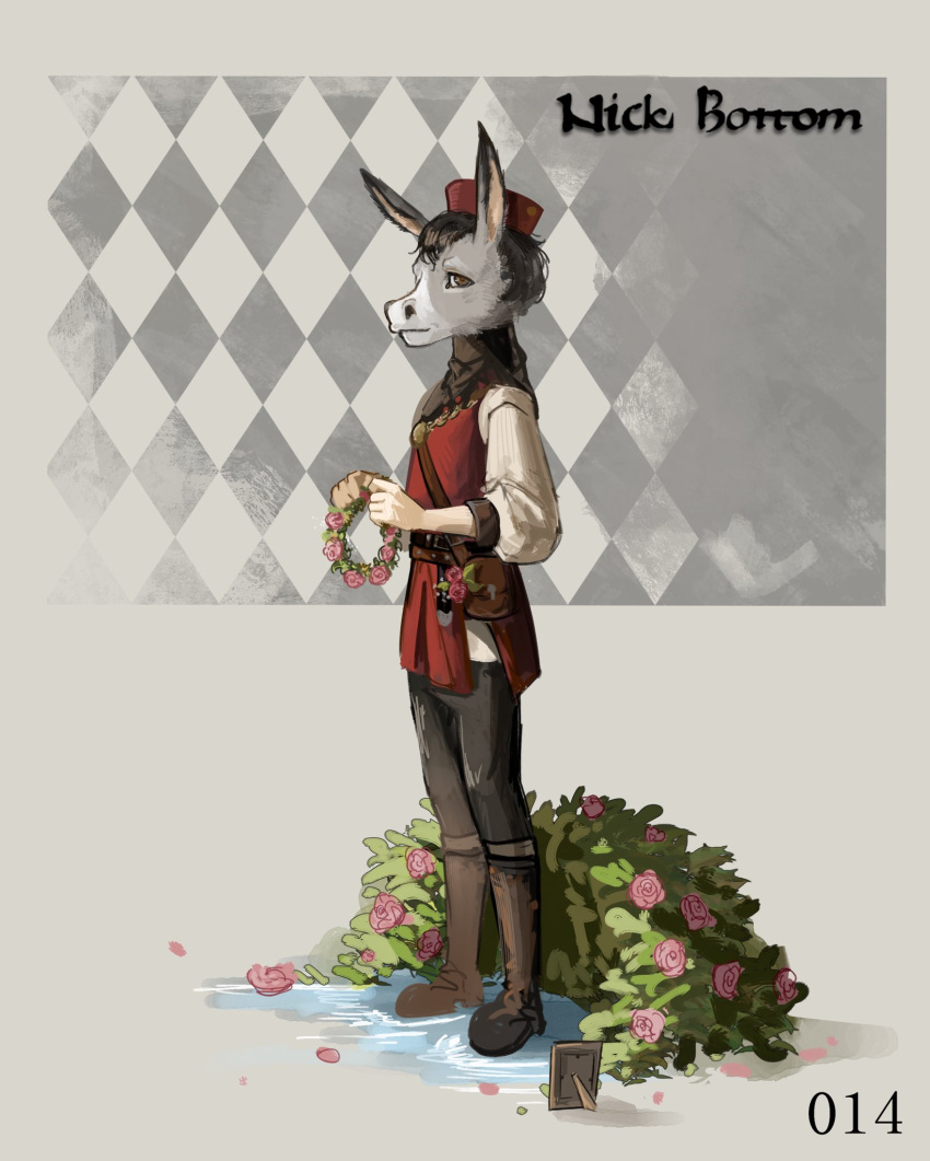 1boy, animal_head, black_pants, boots, brown_boots, brown_eyes, bush, character_signature