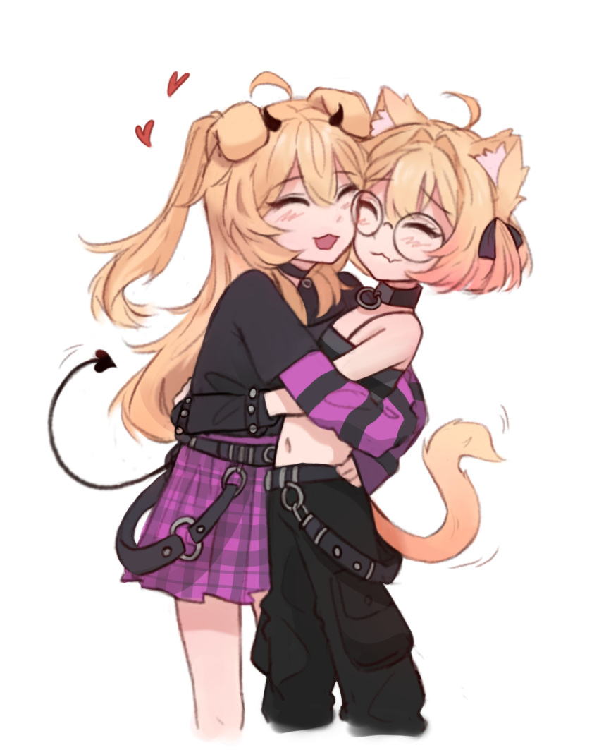 2girls, absurdres, ahoge, animal_ear_fluff, animal_ears, black_horns, black_pants, black_shirt, blonde_hair, cat_ears, cat_girl, cat_tail, cerber_(vtuber), choker, closed_eyes, demon_girl, demon_horns, dog_ears, dog_girl, fang, glasses, hair_between_eyes, hair_ornament, hair_ribbon, heart, highres, horns, hug, indie_virtual_youtuber, jiro_draws_cats, long_hair, long_sleeves, minikomew, multiple_girls, open_mouth, pants, pleated_skirt, purple_skirt, ribbon, round_eyewear, shirt, skin_fang, skirt, striped_clothes, tail, virtual_youtuber, white_background