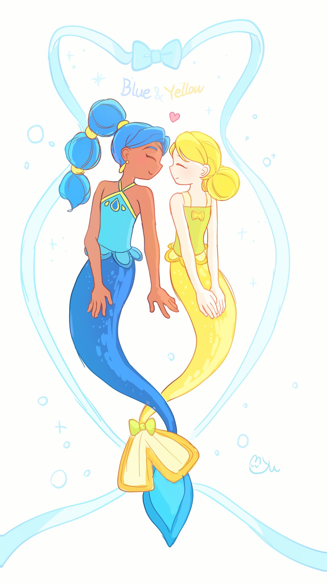 2girls, artist_name, blonde_hair, blue_hair, blue_sapphire_(rainbow_bubblegem), closed_eyes, closed_mouth, commentary