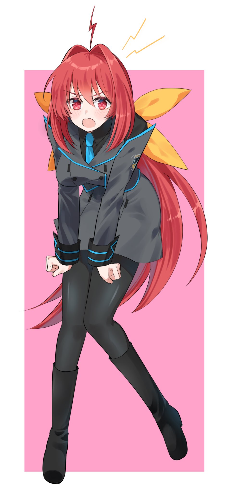 0gawa_gawa, 1girl, ahoge, angry, black_boots, black_pantyhose, black_shirt, blue_necktie